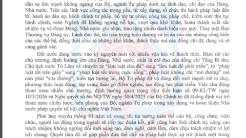 Thư chúc mừng của Bộ trưởng Bộ Tư pháp nhân kỷ niệm 81 năm Ngày truyền thống ngành Tư pháp (28/8/1945-28/8/2026)